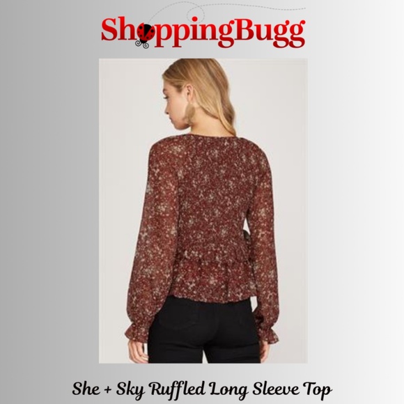 She + Sky Ruffle Long Sleeve Smocked Top ~ Burgundy ~ NWT ✨ (SB1373) - Picture 2 of 7